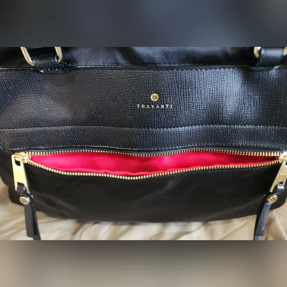 Travanti Black Large Laptop Bag with Gold Accents and Red Interior